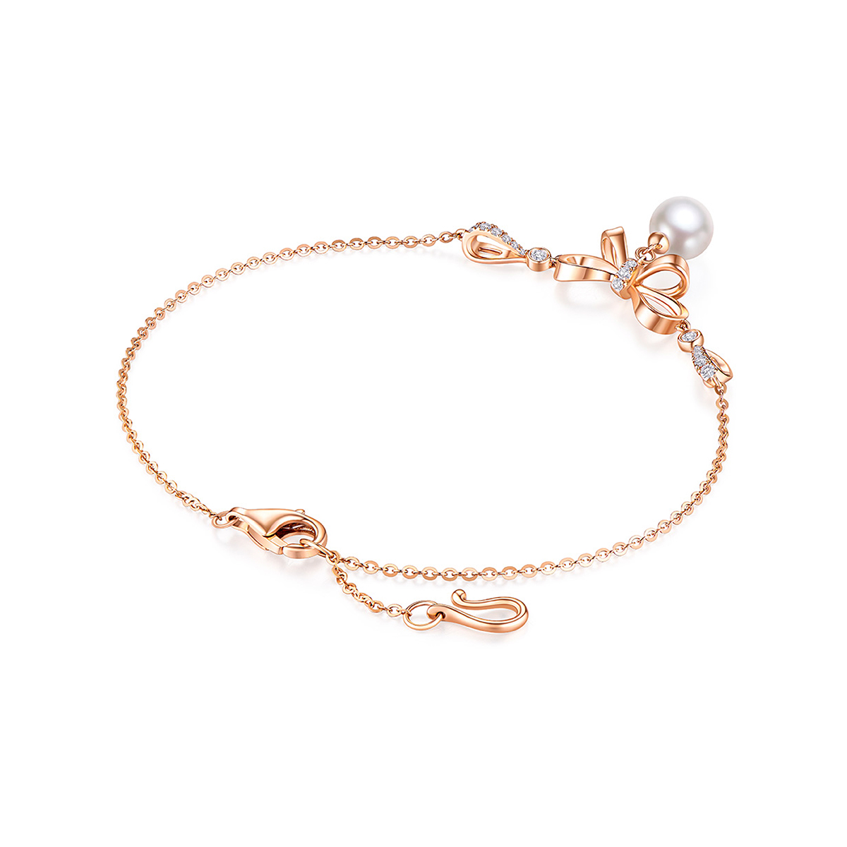 六福珠寶18K金手鏈 - 【LISTING CLOSED】"蝴蝶結"18K金鑽石珍珠手鏈–可一款兩戴(多色選擇)