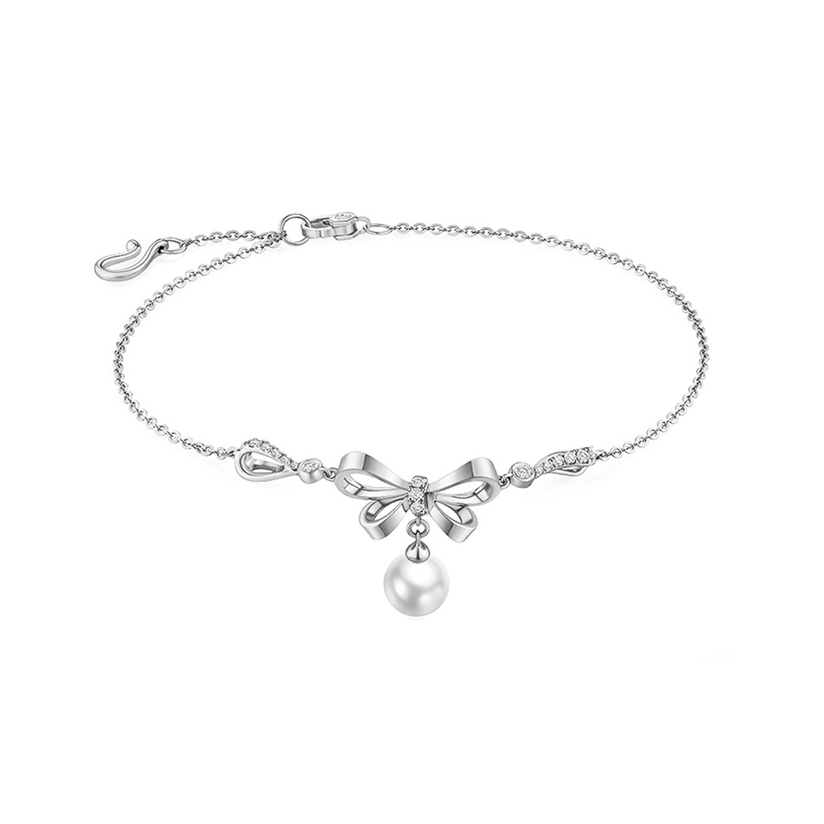 六福珠寶18K金手鏈 - "蝴蝶結"18K金鑽石珍珠手鏈–可一款兩戴(多色選擇)