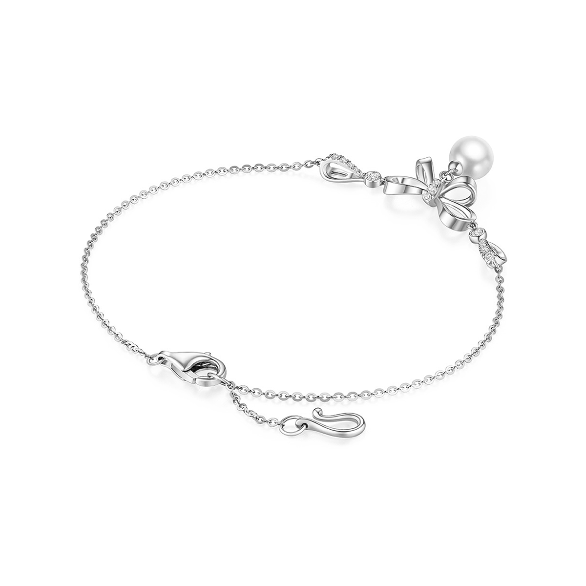 六福珠寶18K金手鏈 - 【LISTING CLOSED】"蝴蝶結"18K金鑽石珍珠手鏈–可一款兩戴(多色選擇)