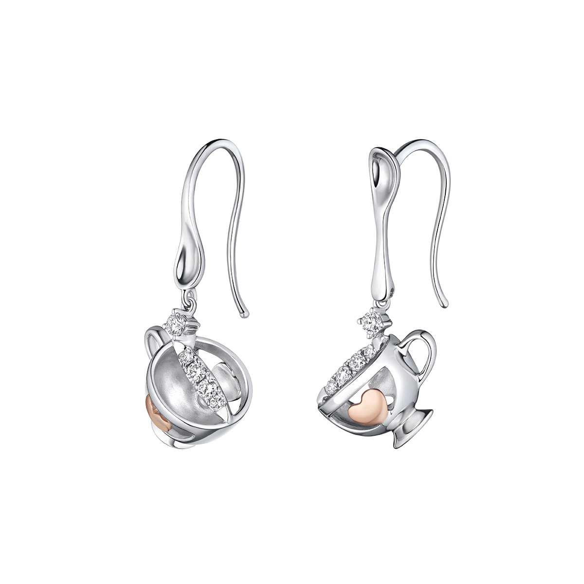 六福珠寶18K金耳環 - "甜蜜咖啡杯"18K金(分色)鑽石耳環