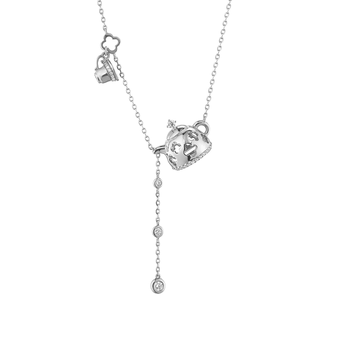 六福珠寶18K金頸鏈 - "清新花茶"18K金(白色)鑽石頸鏈