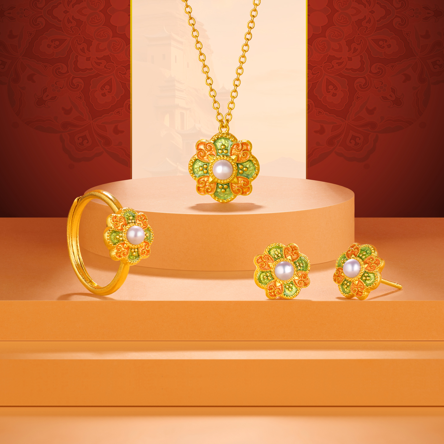 六福珠寶黃金頸鏈 - "唐彩寶相"999.9黃金珍珠頸鏈