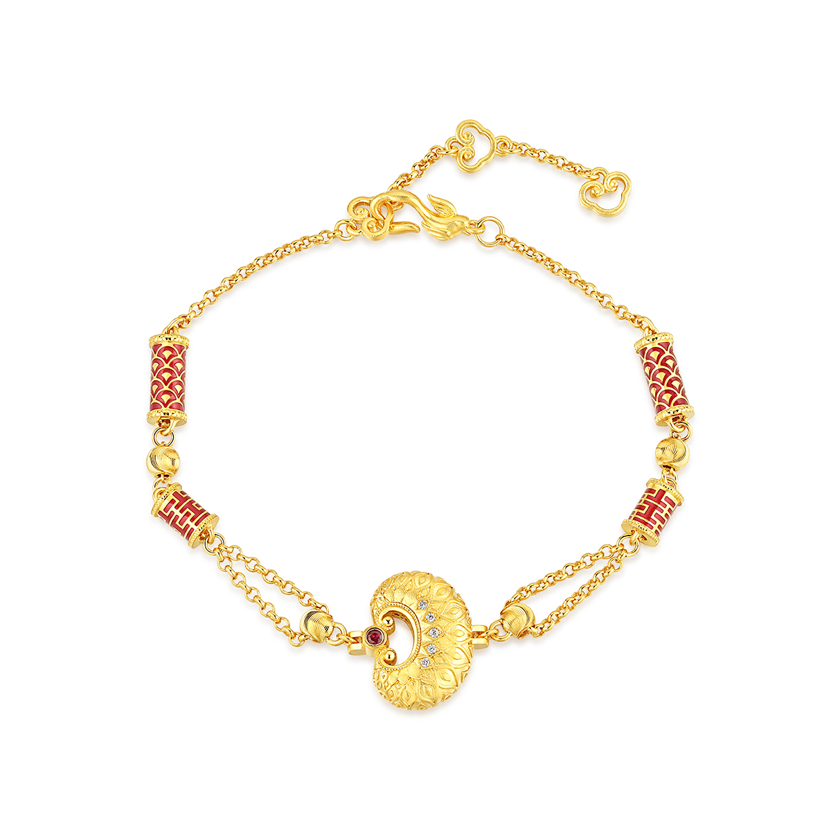 六福珠寶黃金手鏈 - “如心「鎖」願”999.9黃金紅寶石鑽石手鏈
