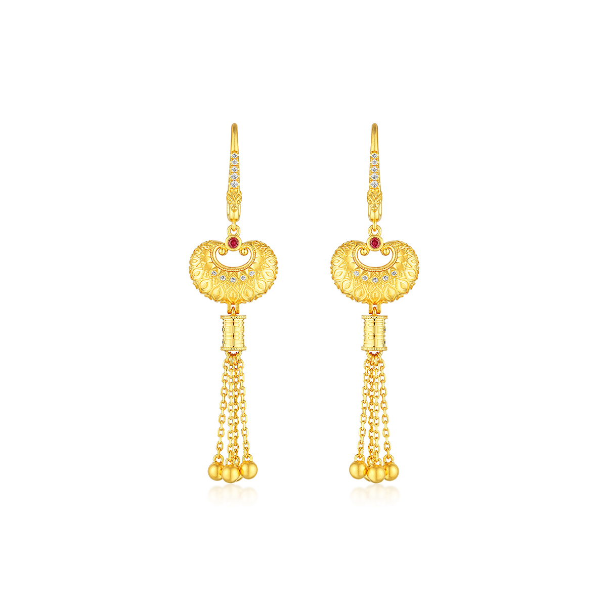 六福珠寶黃金耳環 - “如心「鎖」願”999.9黃金紅寶石鑽石耳環