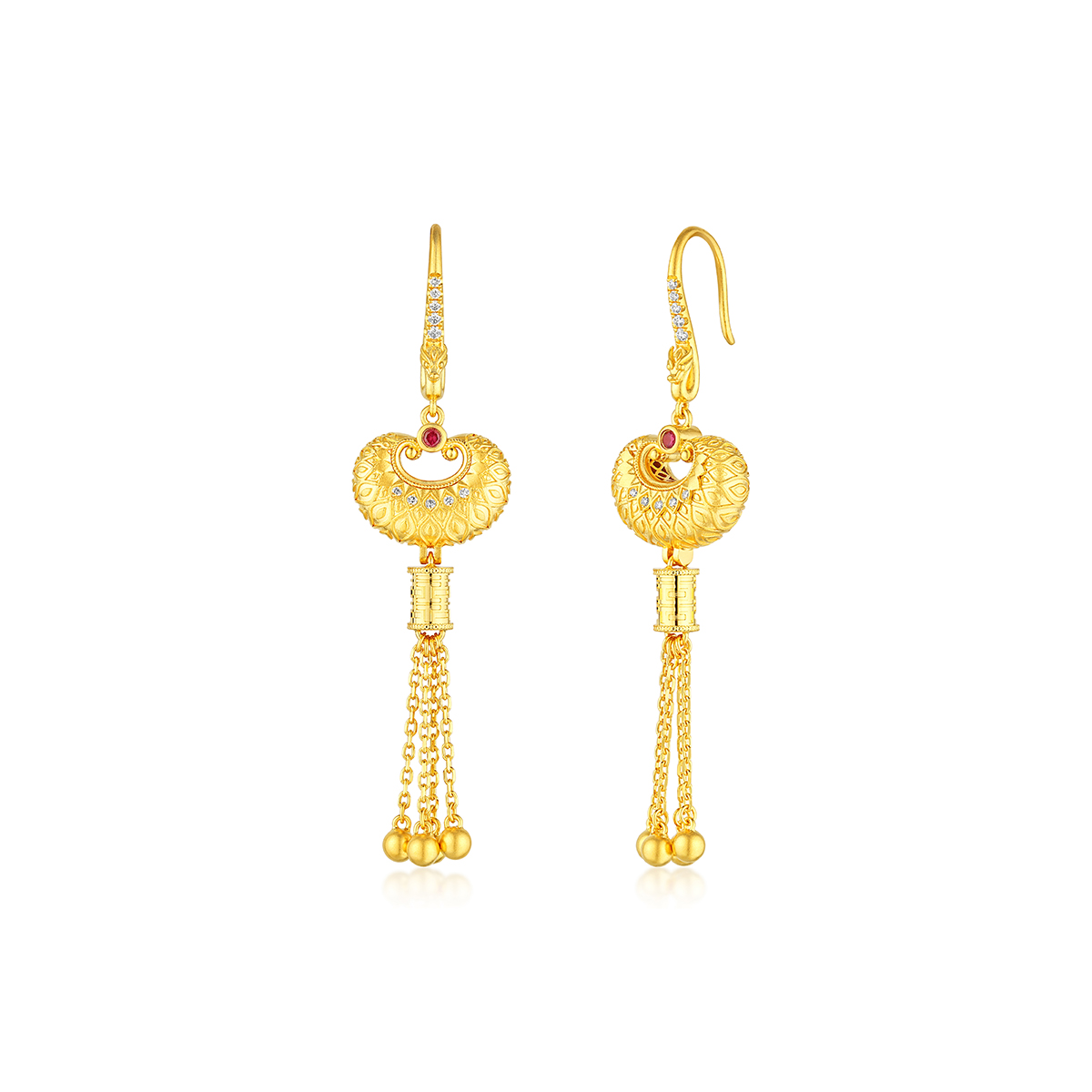 六福珠寶黃金耳環 - “如心「鎖」願”999.9黃金紅寶石鑽石耳環
