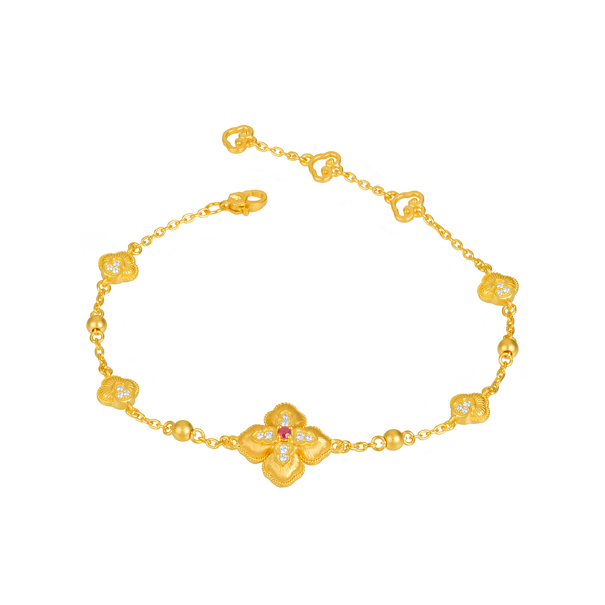 六福珠寶黃金手鏈 - “如意納「囍」”999.9黃金紅寶石鑽石手鏈