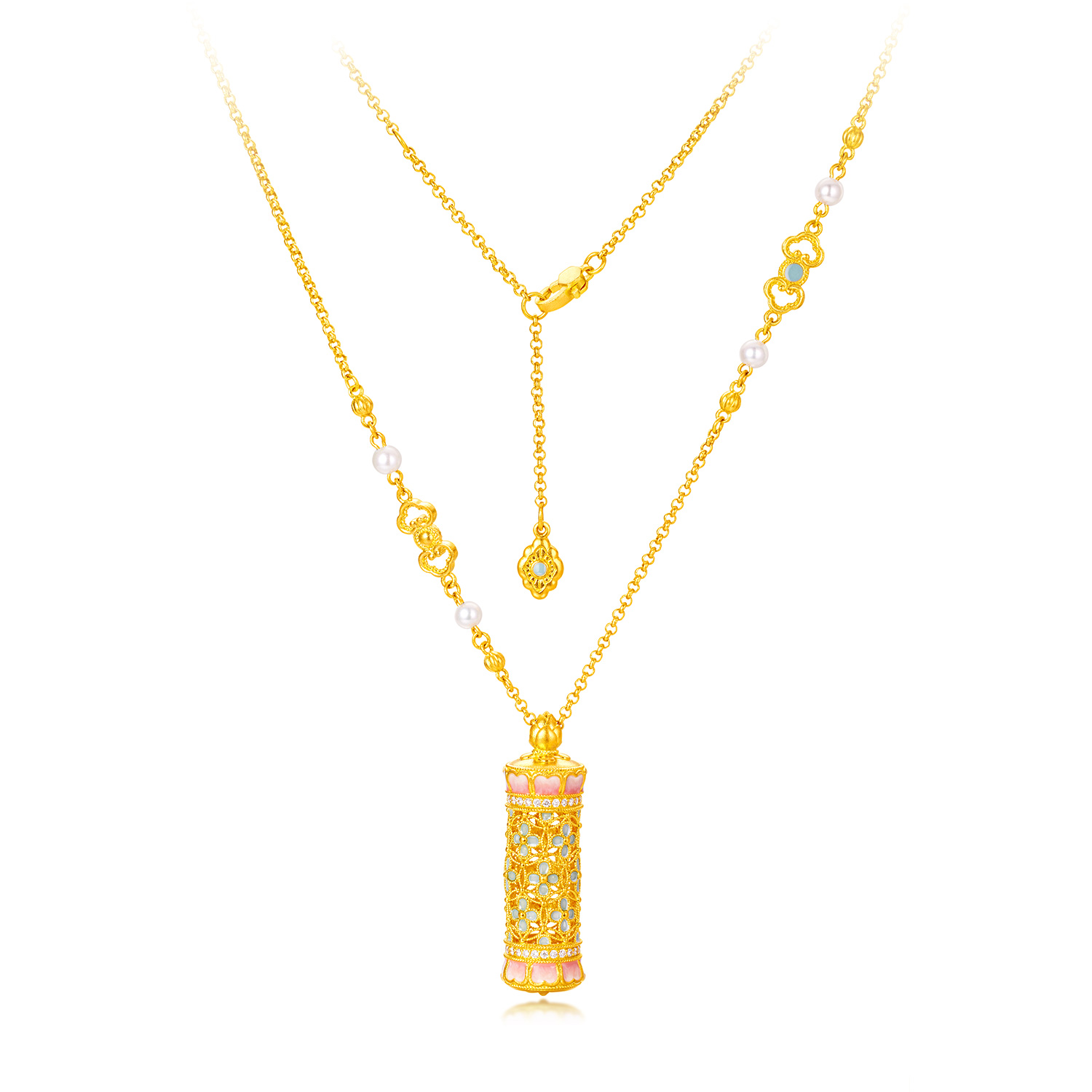 六福珠寶黃金頸鏈 - “花開海韻”999.9黃金鑽石珍珠頸鏈