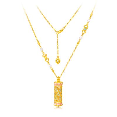 六福珠寶黃金頸鏈 - “花開海韻”999.9黃金鑽石珍珠頸鏈