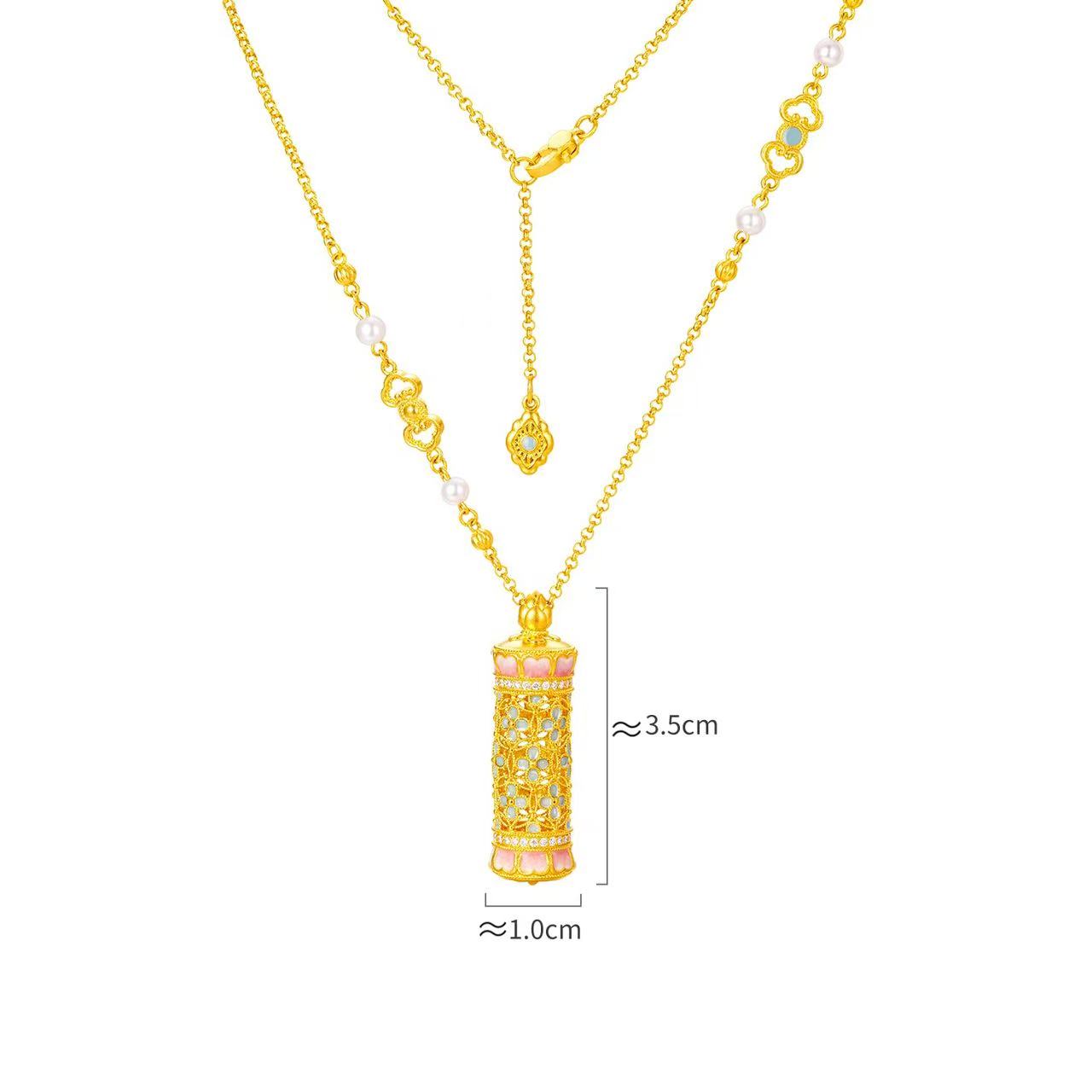 六福珠寶黃金頸鏈 - “花開海韻”999.9黃金鑽石珍珠頸鏈