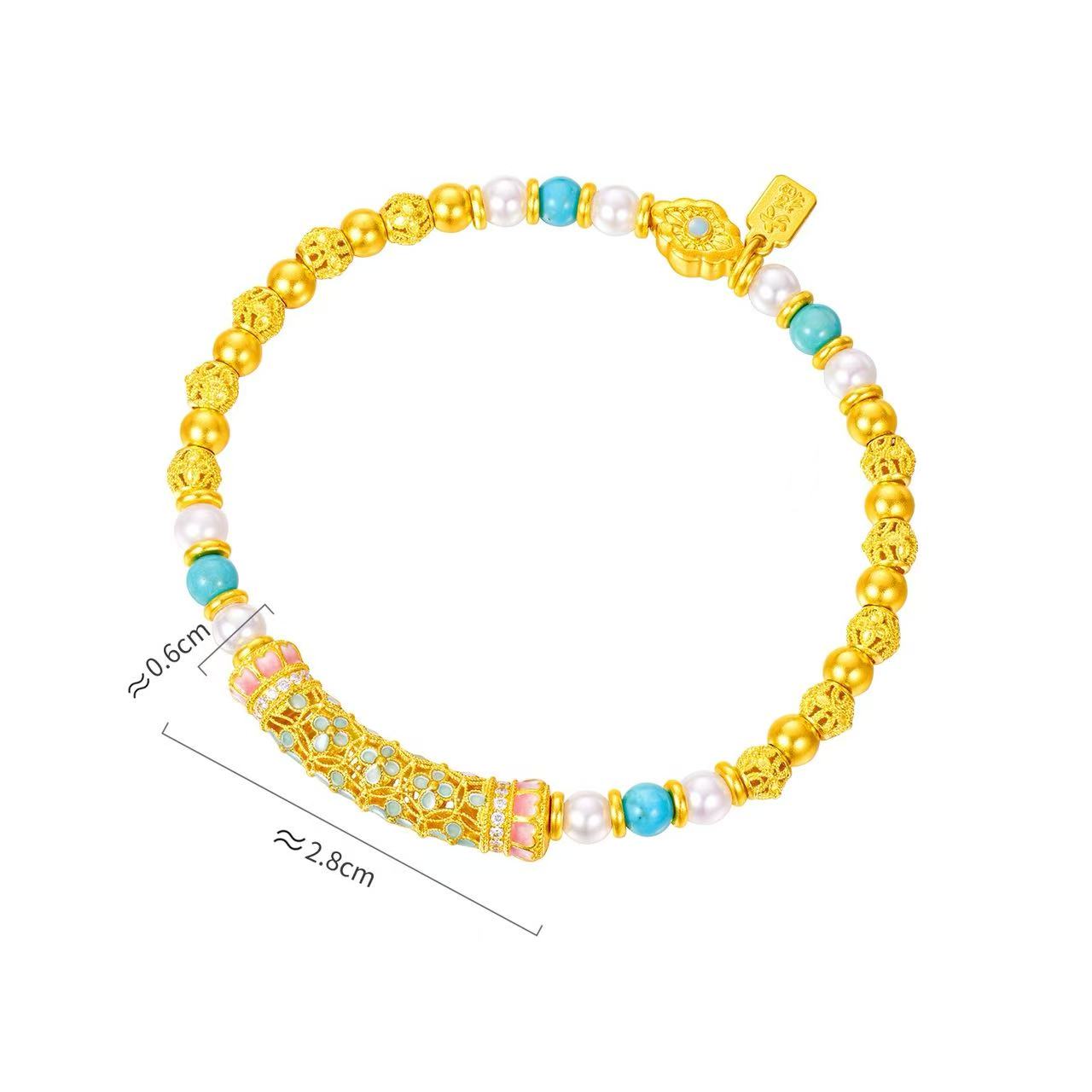 六福珠寶黃金手鏈 - "花開海韻"999.9黃金鑽石珍珠手鏈