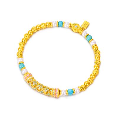 六福珠寶黃金手鏈 - "花開海韻"999.9黃金鑽石珍珠手鏈