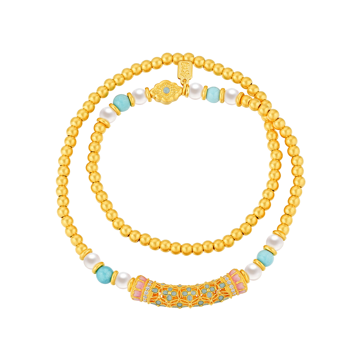 六福珠寶黃金手鏈 - "花開海韻"999.9黃金鑽石珍珠手鏈