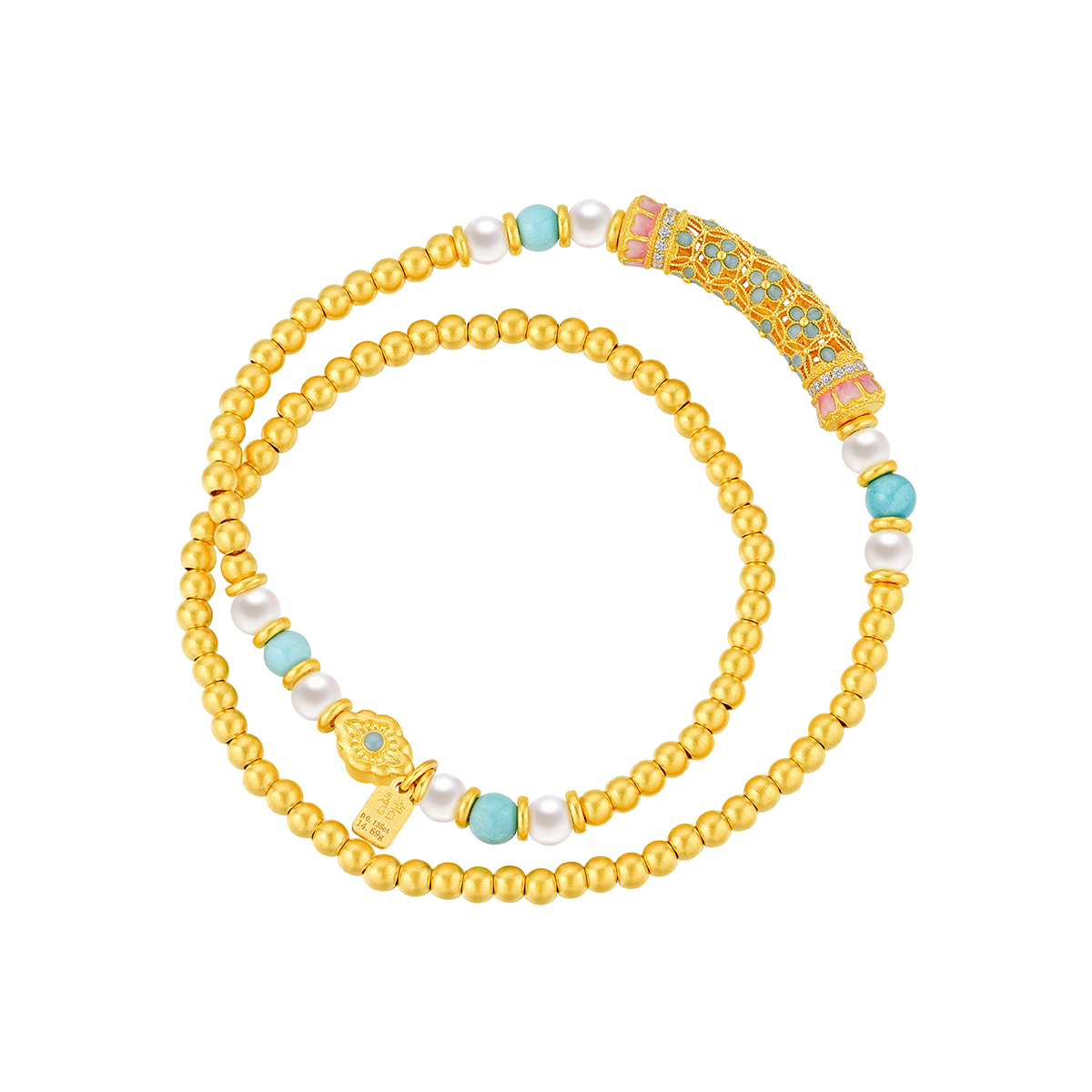 六福珠寶黃金手鏈 - "花開海韻"999.9黃金鑽石珍珠手鏈