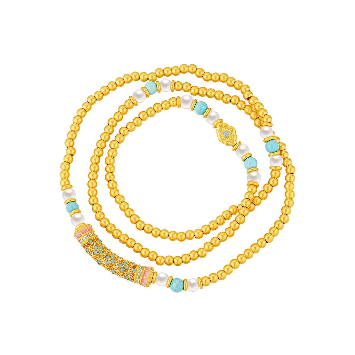 六福珠寶黃金手鏈 - "花開海韻"999.9黃金鑽石珍珠手鏈