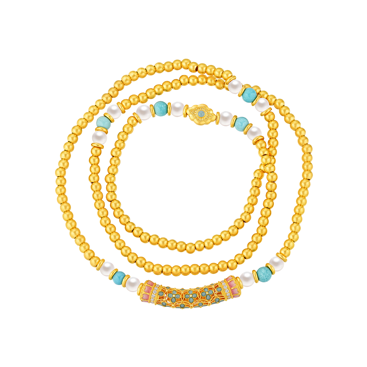 六福珠寶黃金手鏈 - "花開海韻"999.9黃金鑽石珍珠手鏈