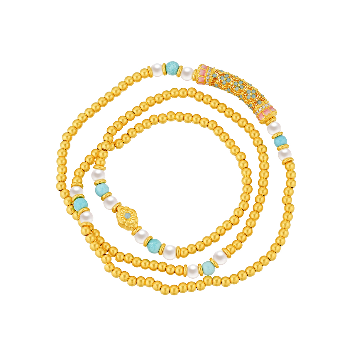 六福珠寶黃金手鏈 - "花開海韻"999.9黃金鑽石珍珠手鏈