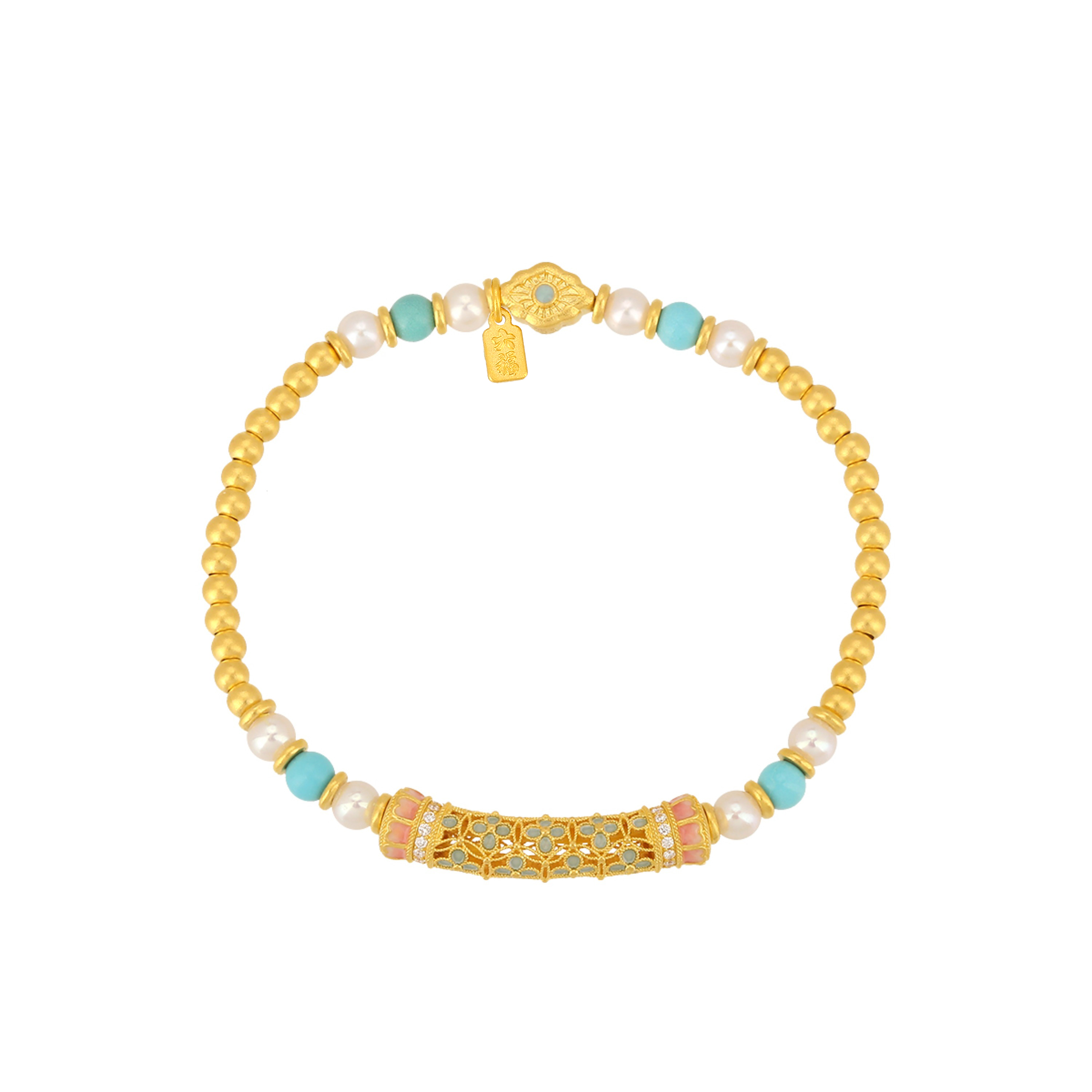 六福珠寶黃金手鏈 - “花開海韻”999.9黃金鑽石珍珠手鏈