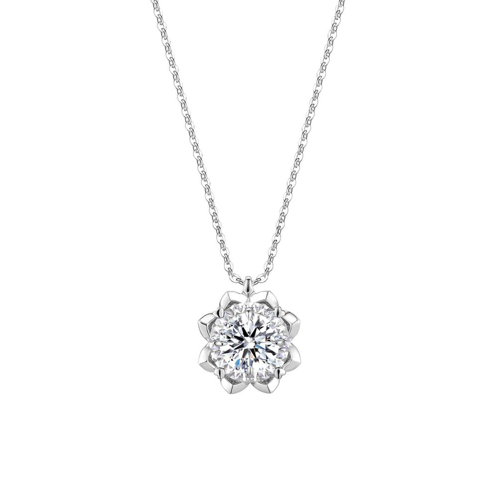 六福珠寶18K金頸鏈 - "溫暖太陽"18K金(白色)鑽石頸鏈(放閃車花工藝)