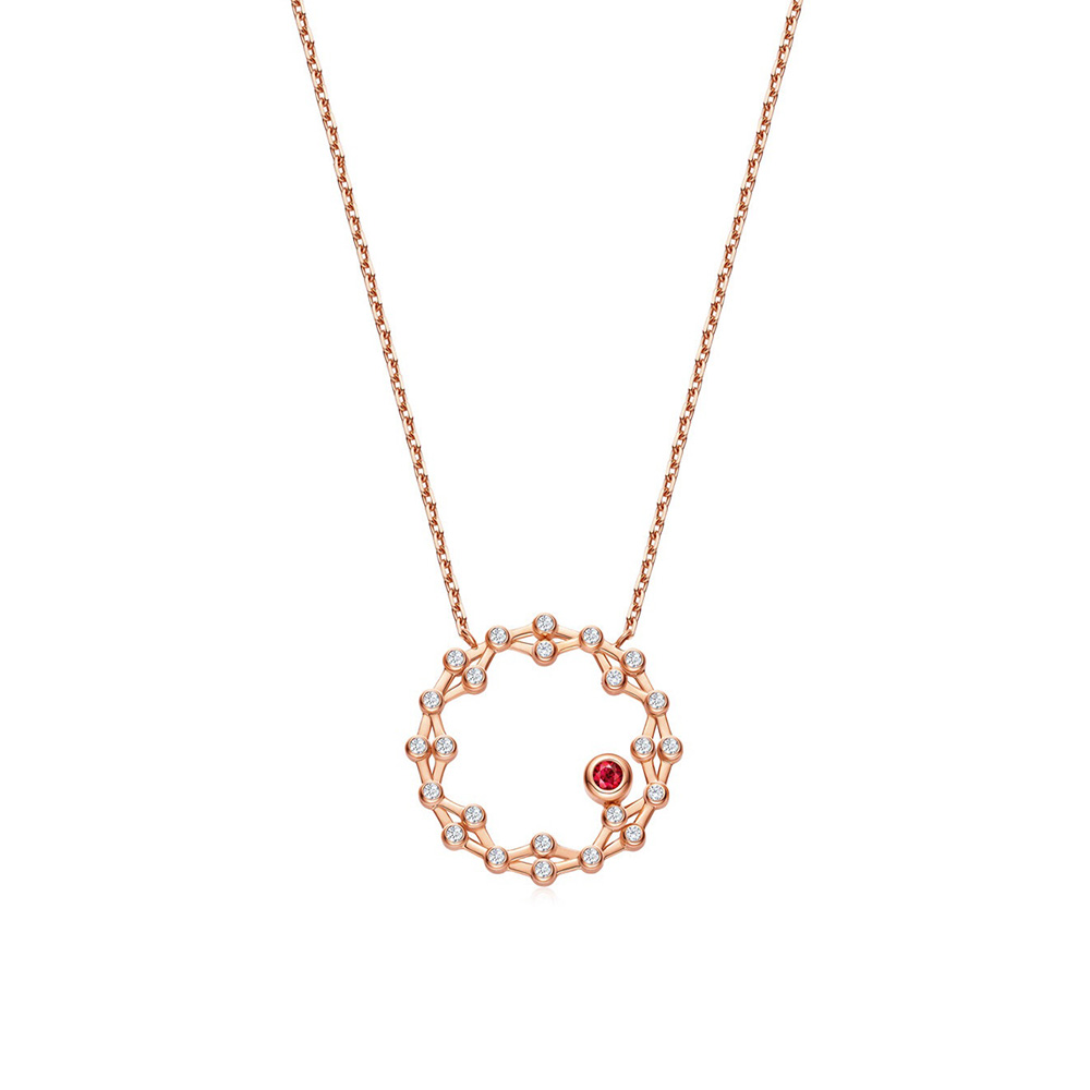 六福珠寶18K金頸鏈 - "閃動星圈"18K玫瑰金紅寶石鑽石頸鏈(三種變化款式)