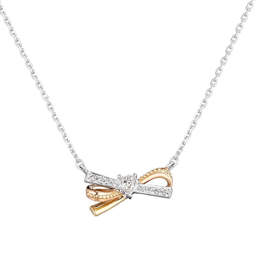 六福珠寶18K金頸鏈 - "典雅蝴蝶結"18K金(分色)鑽石頸鏈