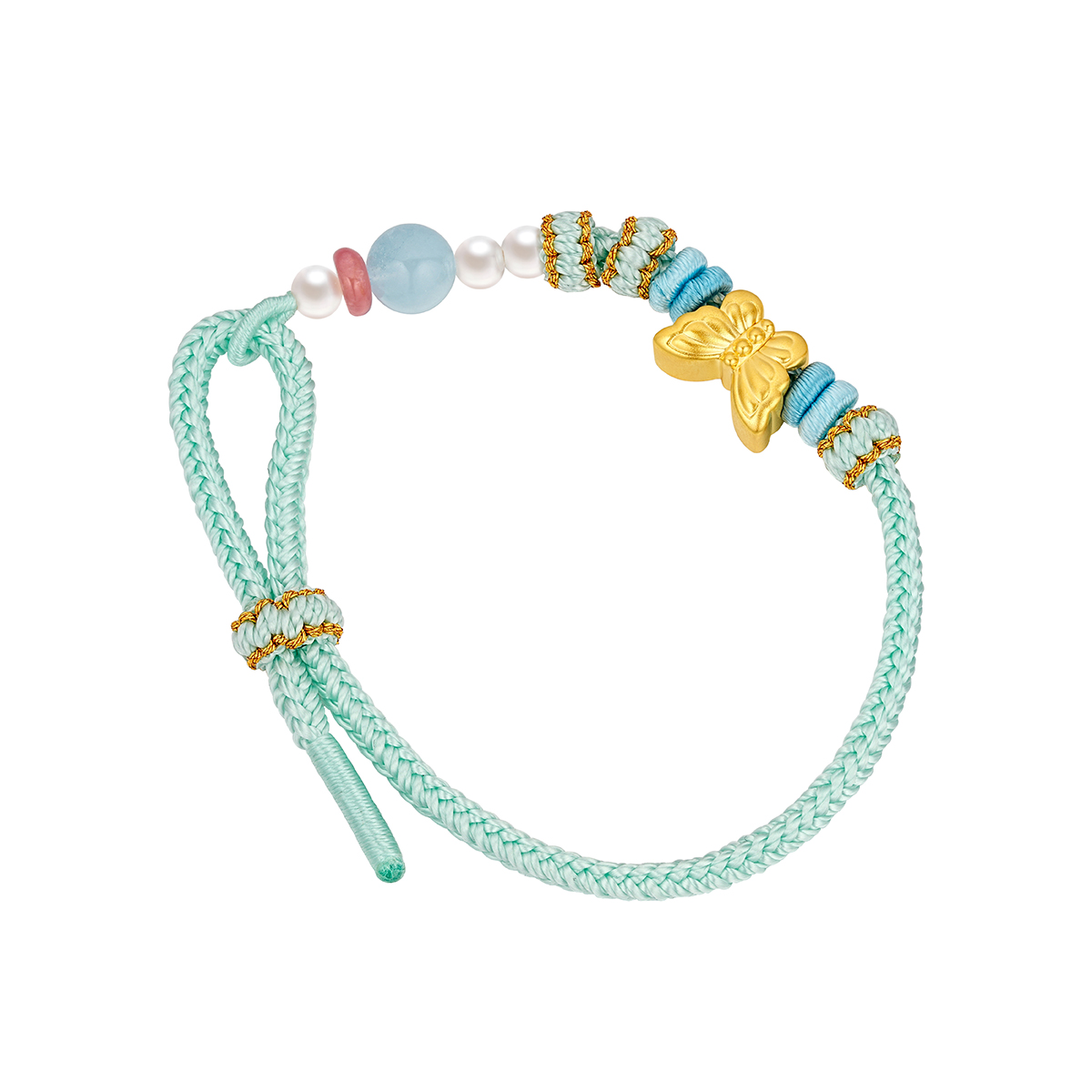 六福珠寶黃金串飾 - "星光蝶影"999足金鑽石珍珠串飾連手繩