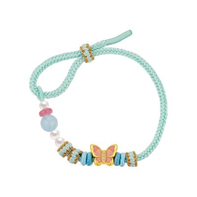 六福珠寶黃金串飾 - "星光蝶影"999足金鑽石珍珠串飾連手繩