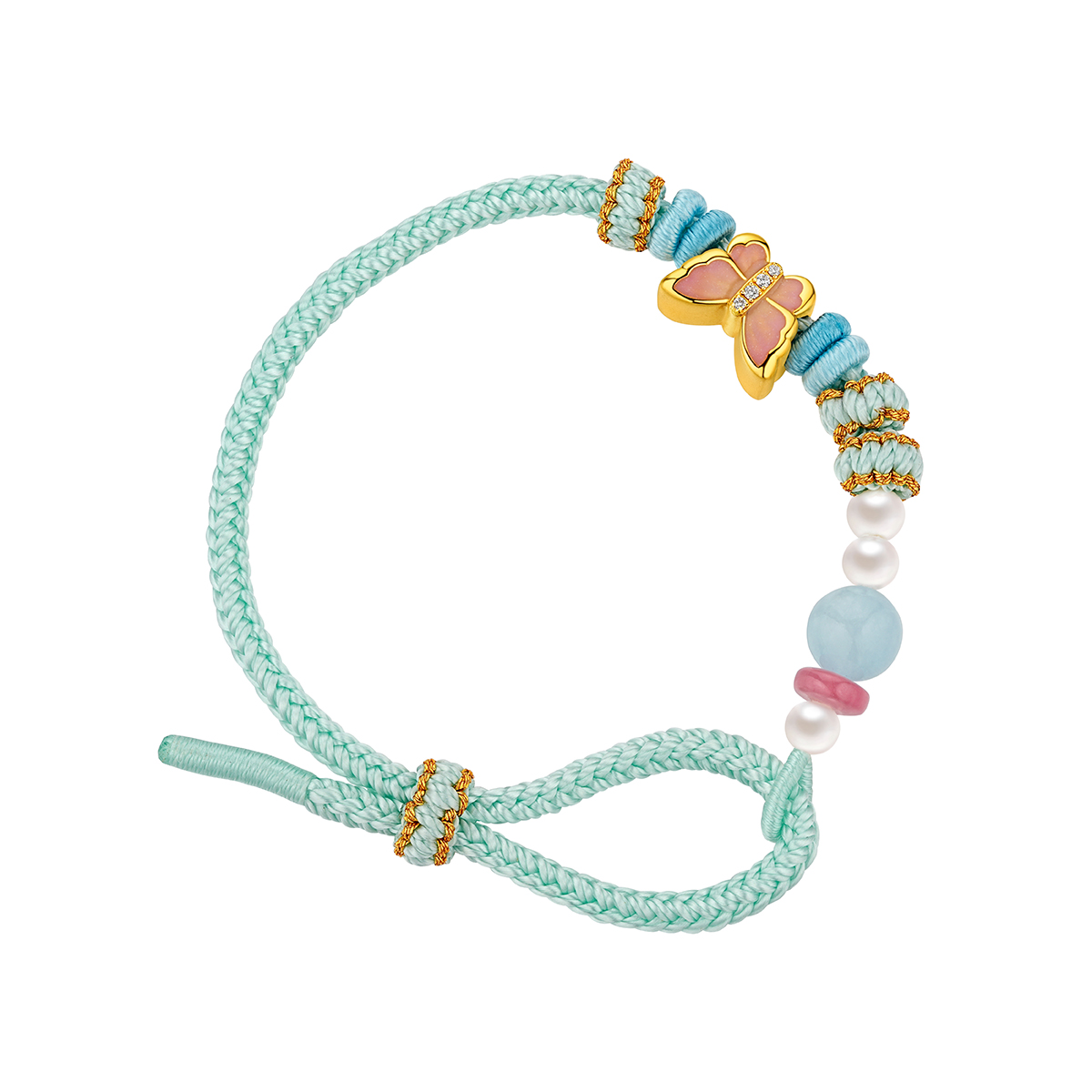 六福珠寶黃金串飾 - "星光蝶影"999足金鑽石珍珠串飾連手繩