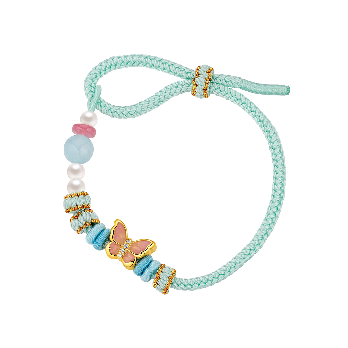 六福珠寶黃金串飾 - "星光蝶影"999足金鑽石珍珠串飾連手繩