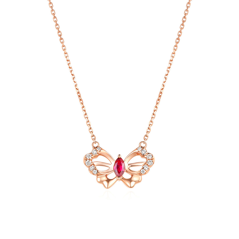 六福珠寶18K金頸鏈 - "優雅蝴蝶"18K金寶石鑽石頸鏈–多色選擇