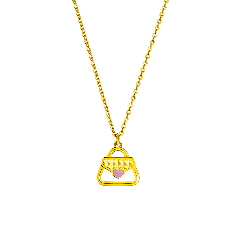 六福珠寶黃金頸鏈 - "時尚小香包"999.9黃金琺瑯頸鏈-粉紅色