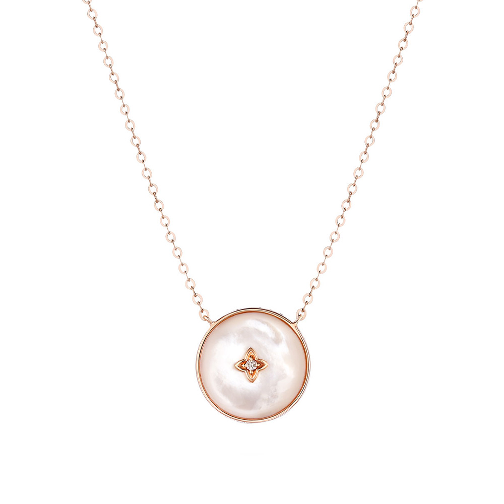 六福珠寶18K金頸鏈 - "十字花"18K金鑽石貝母頸鏈