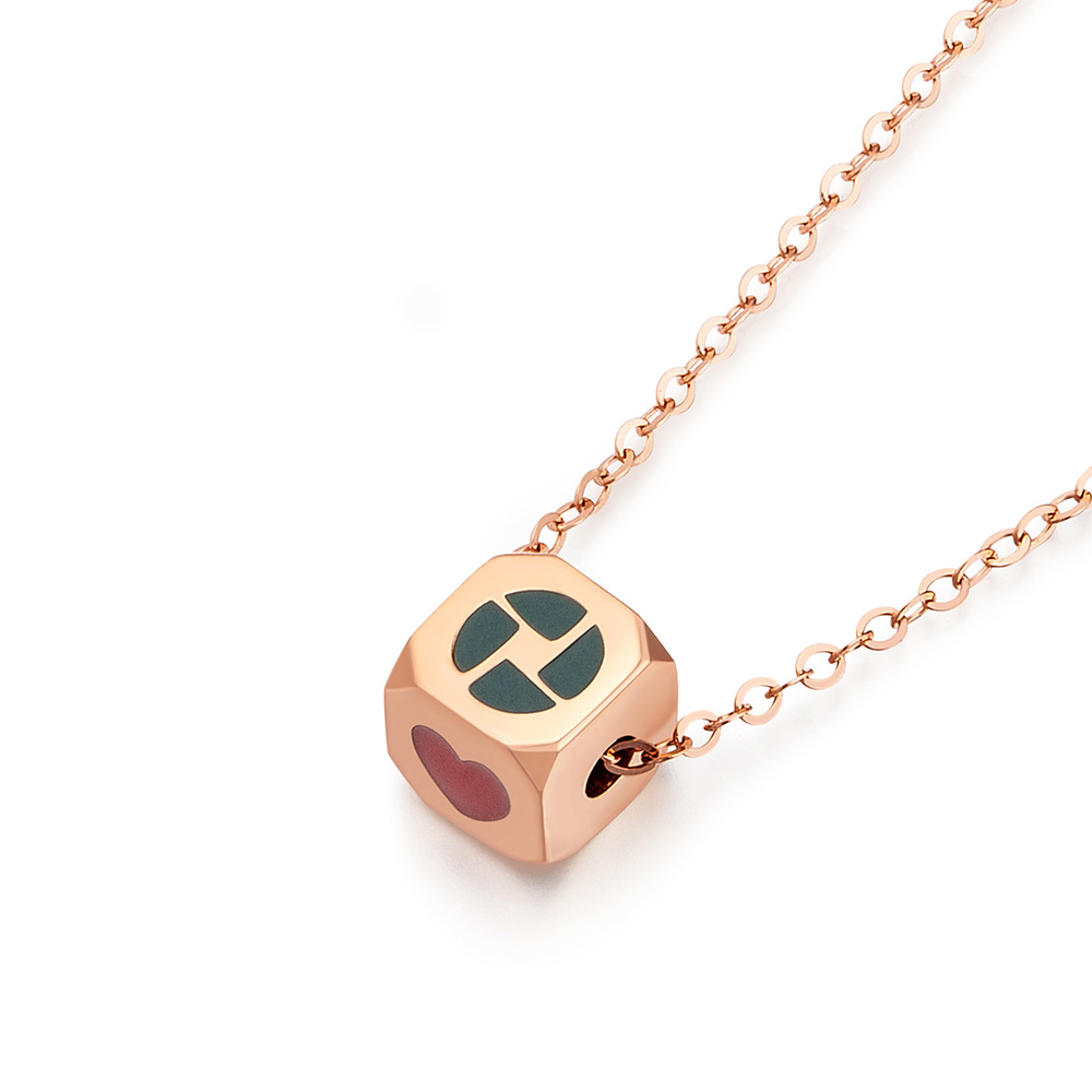 六福珠寶18K金頸鏈 - "小魔方"18K玫瑰金琺瑯頸鏈