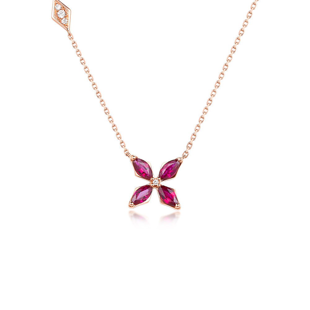 六福珠寶18K金頸鏈 - "凝彩美寶"18K玫瑰金紅寶石鑽石頸鏈