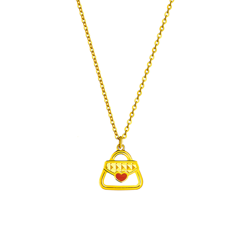 六福珠寶黃金頸鏈 - "時尚小香包"999.9黃金琺瑯頸鏈-紅色