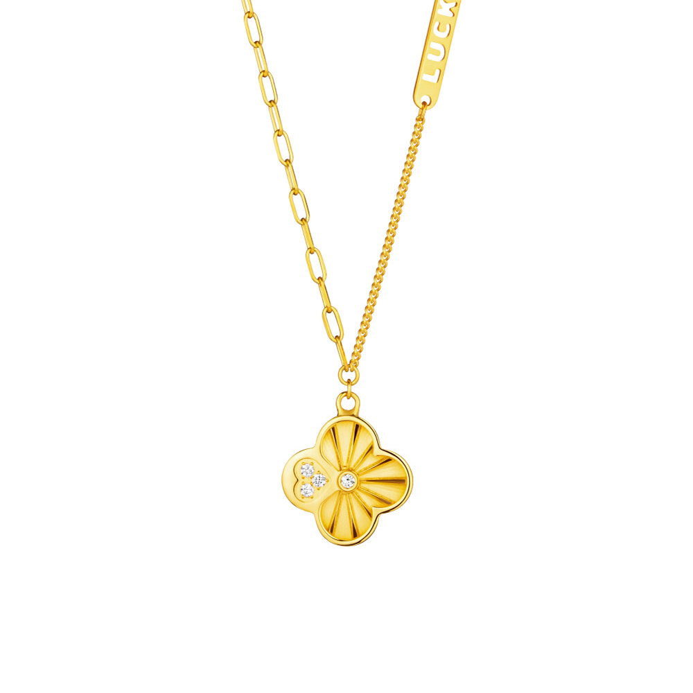 六福珠寶黃金頸鏈 - "幸運之光"雙層幸運草造型990黃金鑽石頸鏈