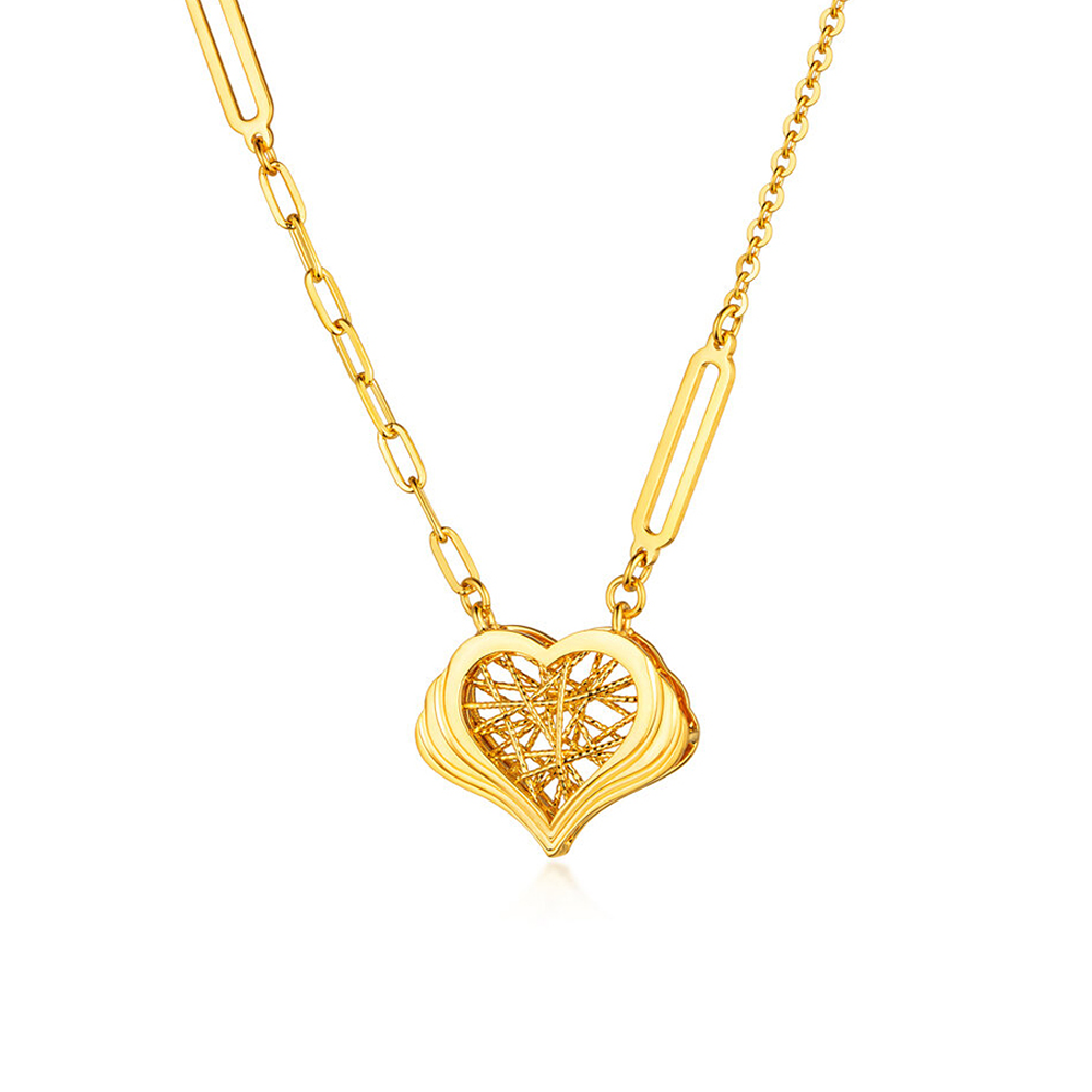 六福珠寶黃金頸鏈 - "絲絲心動"立體心形990黃金頸鏈