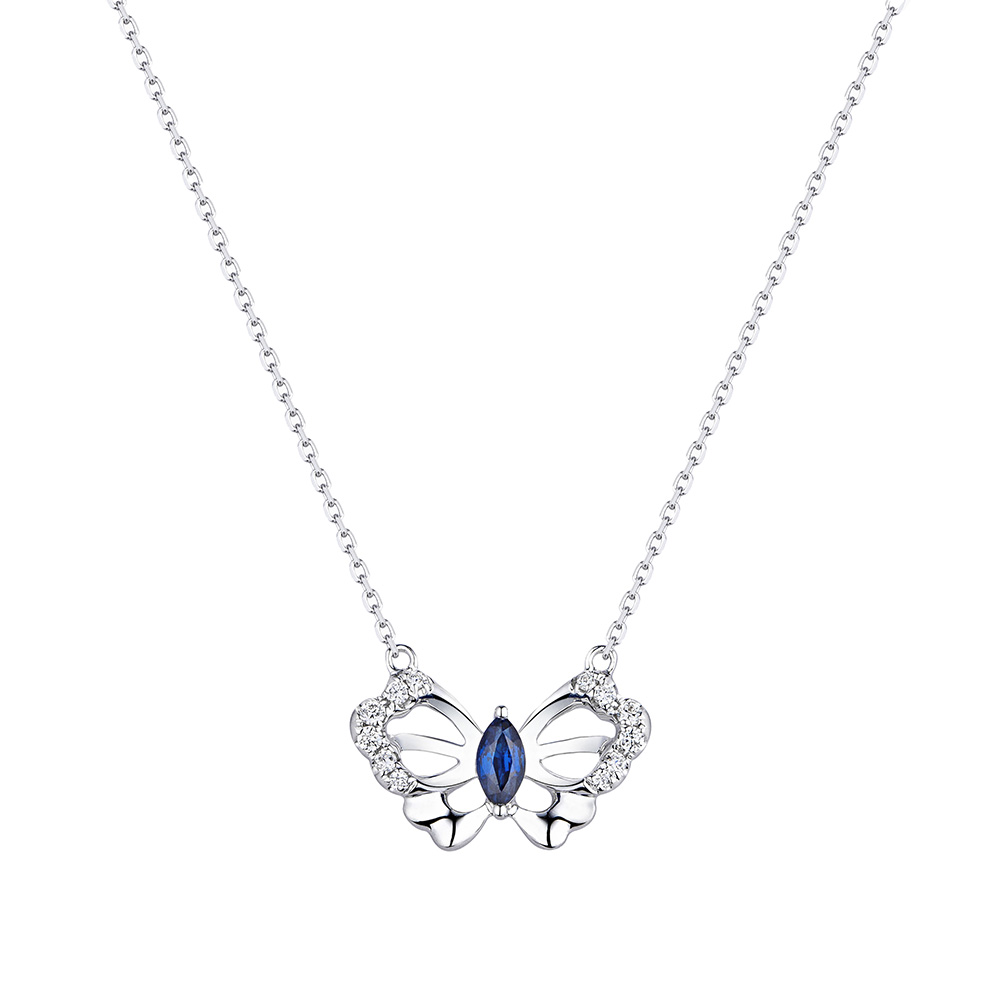 六福珠寶18K金頸鏈 - "優雅蝴蝶"18K金寶石鑽石頸鏈–多色選擇