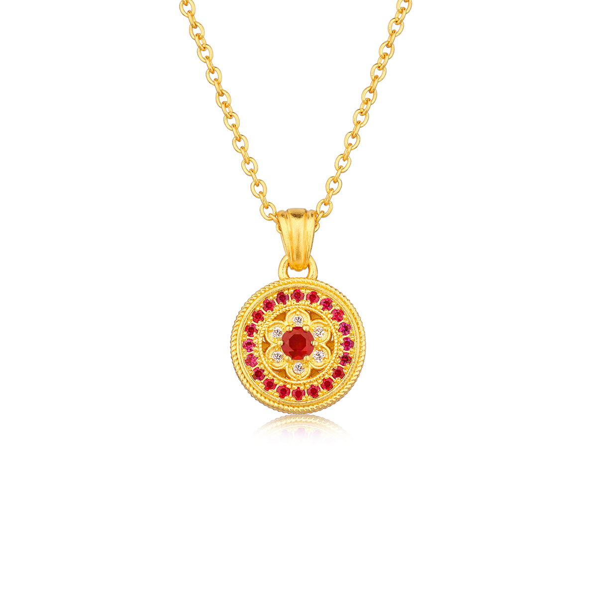 六福珠寶黃金吊墜 - "福蓮平安"999.9黃金紅寶石鑽石吊墜