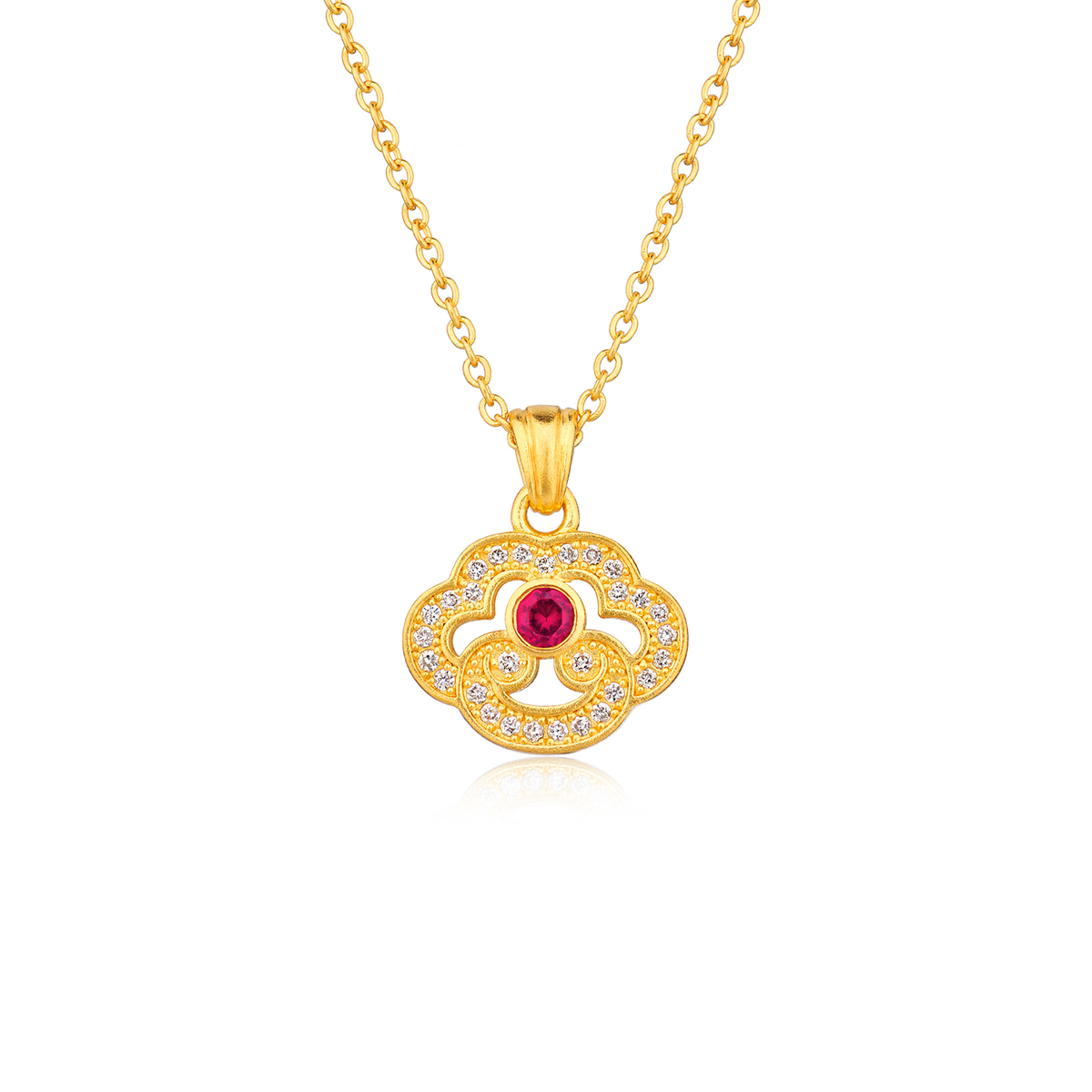六福珠寶黃金吊墜 - "紅運如意"999.9黃金紅寶石鑽石吊墜