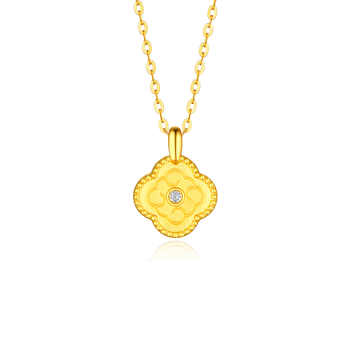 六福珠寶黃金吊墜 - "福幸如約"四葉草造型999足金鑽石吊墜