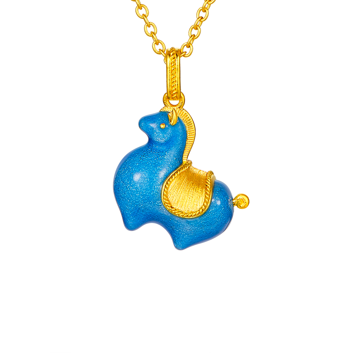 六福珠寶黃金頸鏈 - 孔雀藍"唐彩墩墩馬"999.9黃金琺瑯頸鏈