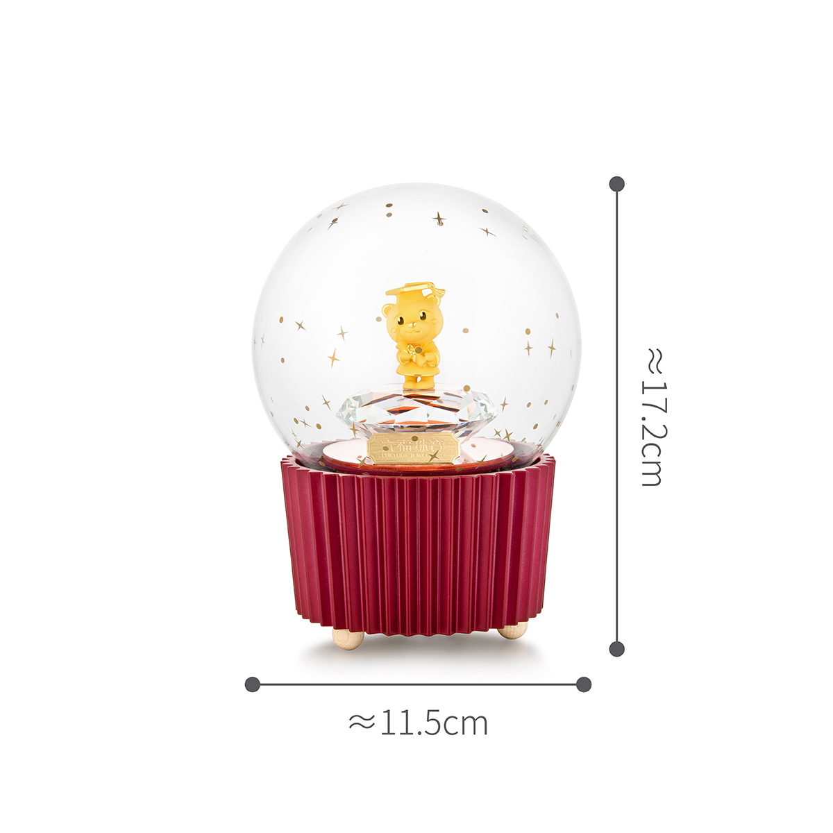 六福珠寶黃金擺件 - "畢業小熊"999足金音樂水晶球擺件