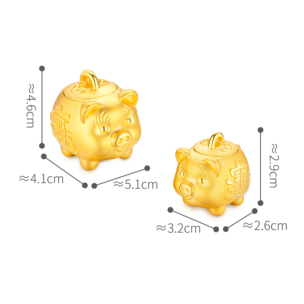 六福珠寶黃金擺件 - "招財進寶"可愛金豬999足金錢罌–兩種大小選擇