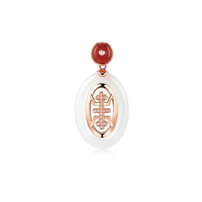 六福珠寶18K金吊墜 - "吉祥如意"18K玫瑰金和田玉鑽石玉髓吊墜