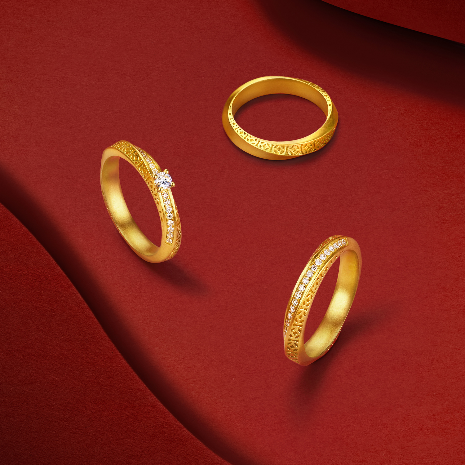 六福珠寶黃金戒指 - “浪漫軌跡”999足金鑽石戒指