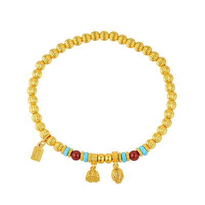 六福珠寶黃金手鏈 - "福滿蓮心南紅綠松石手鏈"999.9黃金手鏈