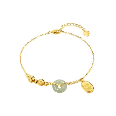 六福珠寶黃金手鏈 - "招財納福"999足金蘋果綠碧玉平安扣手鏈