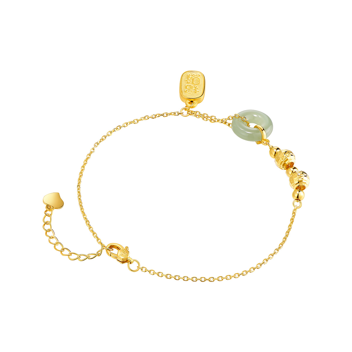 六福珠寶黃金手鏈 - "招財納福"999足金蘋果綠碧玉平安扣手鏈