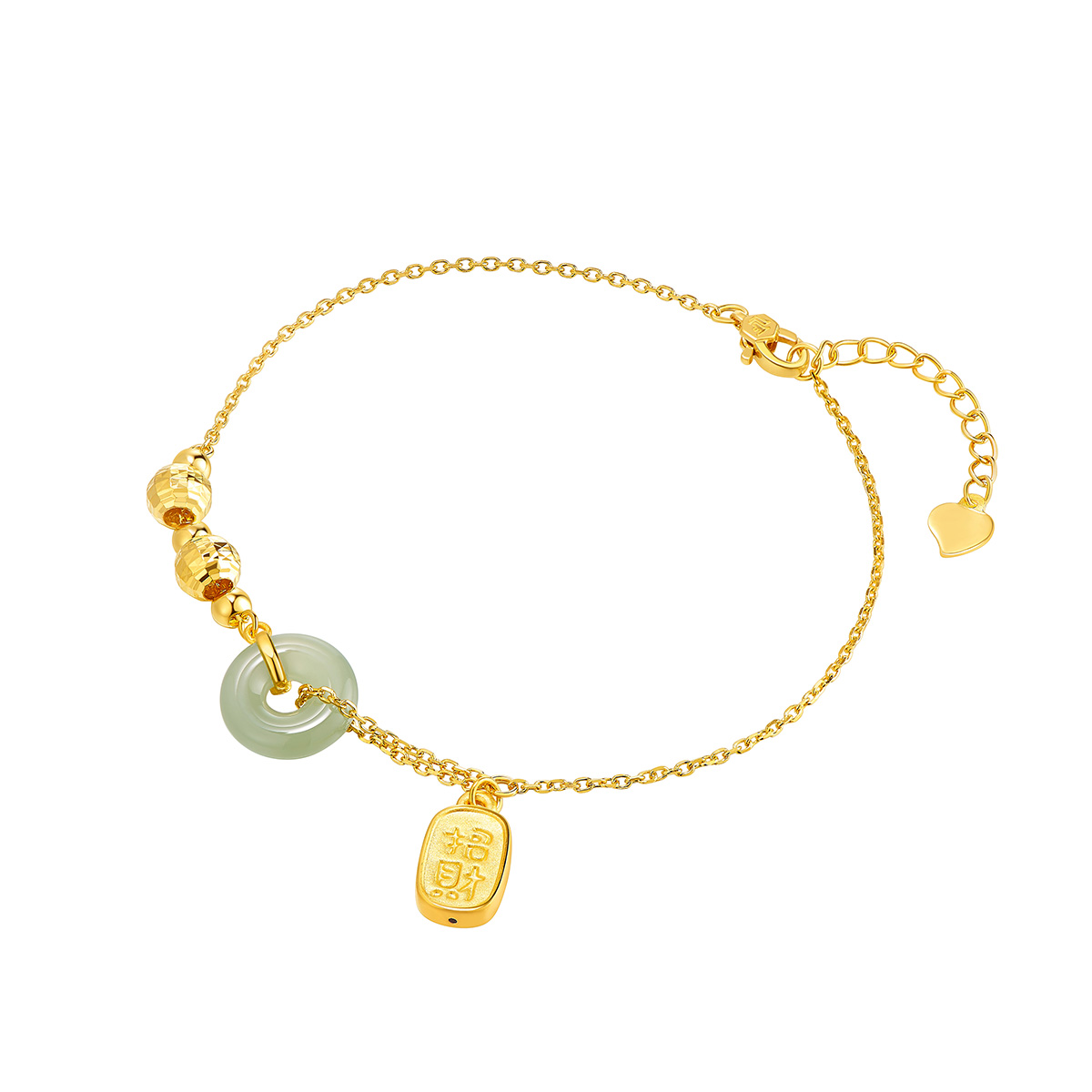 六福珠寶黃金手鏈 - "招財納福"999足金蘋果綠碧玉平安扣手鏈
