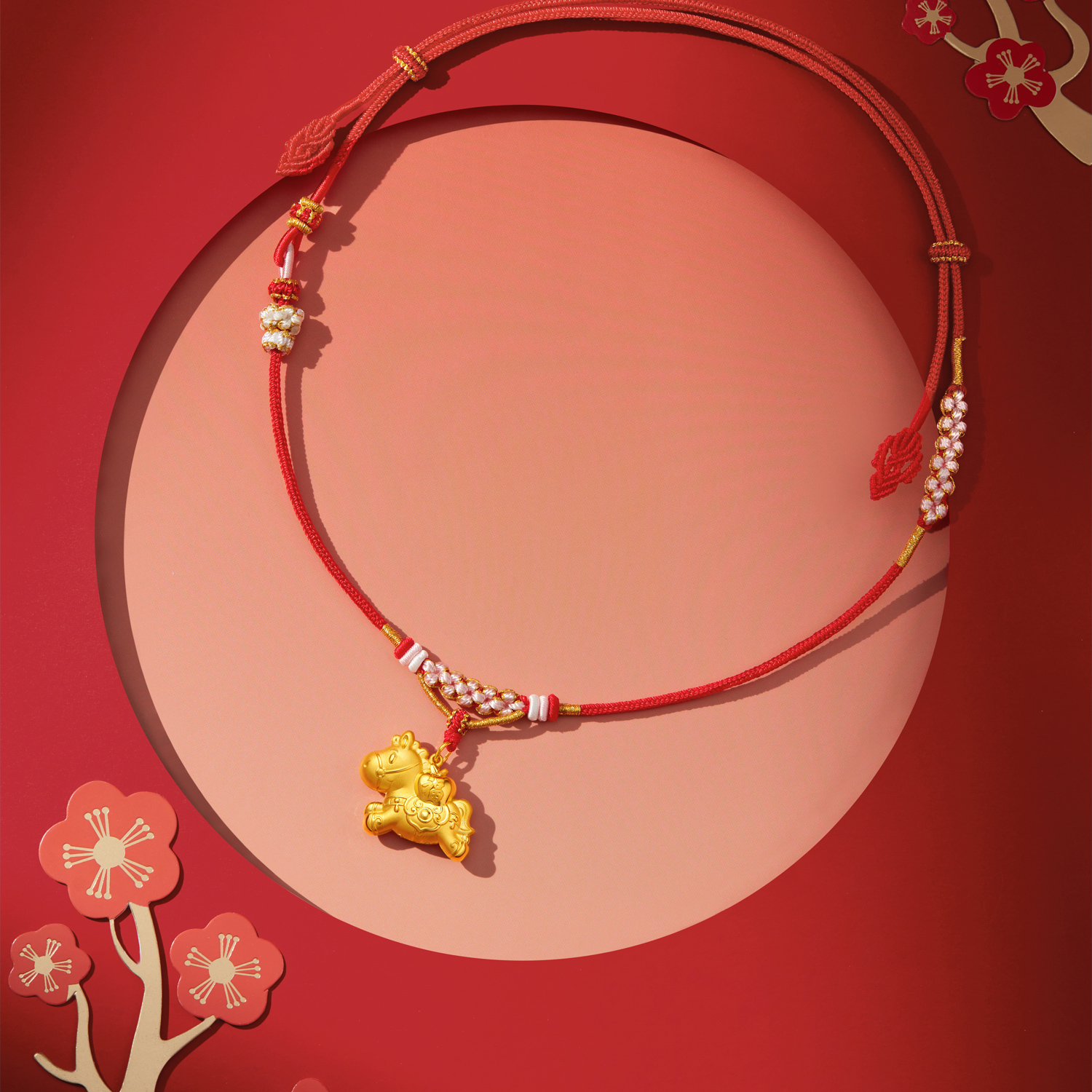 六福珠寶黃金吊墜 - "平安小福馬"999.9黃金長命鎖包連頸繩